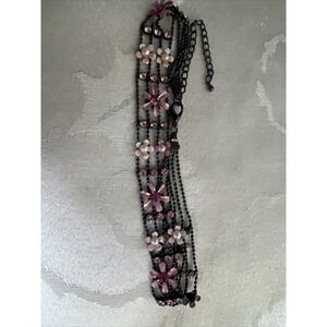 Statement Link Necklace Spring Flower BoHo, Pink Enamel Linked, Angels